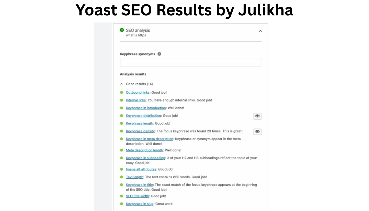 Yoast SEO optimization results by Top Digital Marketer Julikha